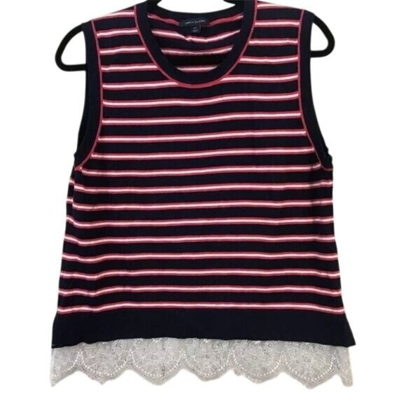 Tommy Hilfiger Size L Sleeveless Navy Red Striped Knit Top Lace Hem Nautical - Picture 1 of 7